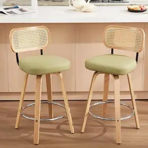 Rattan Bar Stools Set of 2,Upholstered PU Leather, 26 Counter Height Barstools with Back and Wood Legs,360°Swivel,Mid-Century Modern Bar Stool for Kitchen Island Dining Room and Bar(Grass Green) Rattan Bar Stools Set of 2,Upholstered PU Leather, 26 Counter Height Barstools with Back and Wood Legs,360°Swivel,Mid-Century Modern Bar Stool for Kitchen Island Dining Room and Bar(Grass Green)