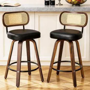 Natural Rattan Bar Stools Set of 2,Upholstered PU Leather, 26 Counter Height Barstools with Back and Wood Legs,360°Swivel,Mid-Century Modern Bar Stool for Kitchen Island Dining Room and Bar(Black) Natural Rattan Bar Stools Set of 2,Upholstered PU Leather, 26 Counter Height Barstools with Back and Wood Legs,360°Swivel,Mid-Century Modern Bar Stool for Kitchen Island Dining Room and Bar(Black)