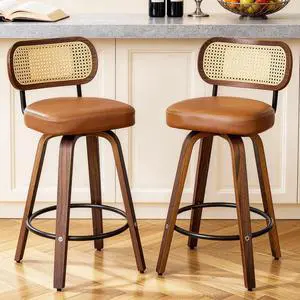 Natural Rattan Bar Stools Set of 2,Upholstered PU Leather, 26 Counter Height Barstools with Back and Wood Legs,360°Swivel,Mid-Century Modern Bar Stool for Kitchen Island Dining Room and Bar(Brown) Natural Rattan Bar Stools Set of 2,Upholstered PU Leather, 26 Counter Height Barstools with Back and Wood Legs,360°Swivel,Mid-Century Modern Bar Stool for Kitchen Island Dining Room and Bar(Brown)