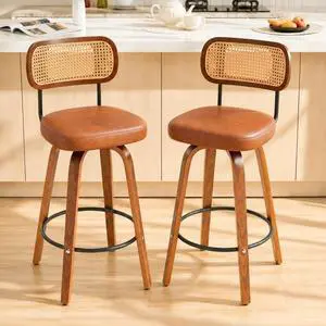 Rattan Bar Stools Set of 2,Upholstered PU Leather, 30''Counter Height Barstools with Back and Wood Legs,360°Swivel,Mid-Century Modern Bar Stool for kitchen Island Dining Room and Bar(Vintage Brown) Rattan Bar Stools Set of 2,Upholstered PU Leather, 30''Counter Height Barstools with Back and Wood Legs,360°Swivel,Mid-Century Modern Bar Stool for kitchen Island Dining Room and Bar(Vintage Brown)