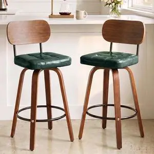 KEEZY Bar Stools Set of 2, 30''Counter Height Barstools with Backrest, Wax Leather Upholstered Bar Chairs, Walnut Bentwood Legs Footrest, Barstools for Home Bar Cafe PubGreen KEEZY Bar Stools Set of 2, 30''Counter Height Barstools with Backrest, Wax Leather Upholstered Bar Chairs, Walnut Bentwood Legs Footrest, Barstools for Home Bar Cafe PubGreen