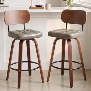 KEEZY Bar Stools Set of 2, 30''Counter Height Barstools with Backrest, Wax Leather Upholstered Bar Chairs, Walnut Bentwood Legs Footrest, Barstools for Home Bar Cafe PubGray KEEZY Bar Stools Set of 2, 30''Counter Height Barstools with Backrest, Wax Leather Upholstered Bar Chairs, Walnut Bentwood Legs Footrest, Barstools for Home Bar Cafe PubGray