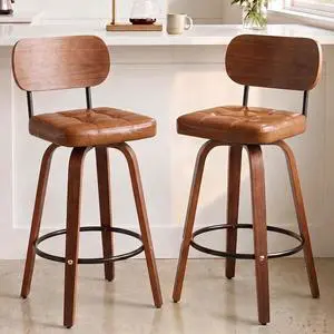 KEEZY Bar Stools Set of 2, 30''Counter Height Barstools with Backrest, Wax Leather Upholstered Bar Chairs, Walnut Bentwood Legs Footrest, Barstools for Home Bar Cafe PubBrown KEEZY Bar Stools Set of 2, 30''Counter Height Barstools with Backrest, Wax Leather Upholstered Bar Chairs, Walnut Bentwood Legs Footrest, Barstools for Home Bar Cafe PubBrown