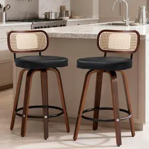 KEEZY Bar Stools Set of 2,Upholstered PU Leather Counter Height Barstools with Back and Bent Wood Legs,360°Swivel,Mid-Century Modern Bar Stool for Kitchen Island and Bar(Black) KEEZY Bar Stools Set of 2,Upholstered PU Leather Counter Height Barstools with Back and Bent Wood Legs,360°Swivel,Mid-Century Modern Bar Stool for Kitchen Island and Bar(Black)