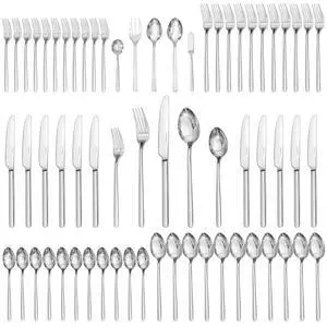 KINGSTONE 65 Piece Silverware Set with Serving utensils, Flatware Set for 12, 18/10 Stainless Steel Cutlery Set Mirror Polished Modern Design Dishwasher Safe KINGSTONE 65 Piece Silverware Set with Serving utensils, Flatware Set for 12, 18/10 Stainless Steel Cutlery Set Mirror Polished Modern Design Dishwasher Safe