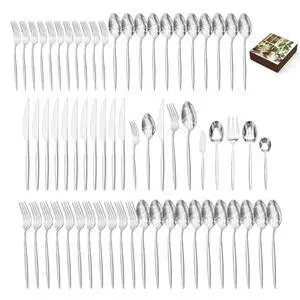 65 Piece Silverware Set for 12 with Serving Utensils, 18/10 Stainless Steel | KINGSTONE Flatware set, Mirror Polished Forks Knives Spoons Utensils,Gift Cutlery for Restaurant Wedding, Dishwasher Safe 65 Piece Silverware Set for 12 with Serving Utensils, 18/10 Stainless Steel | KINGSTONE Flatware set, Mirror Polished Forks Knives Spoons Utensils,Gift Cutlery for Restaurant Wedding, Dishwasher Safe