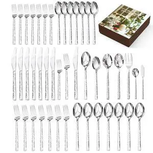45 Piece Silverware Set with Serving Utensils, 18/10 Stainless Steel | KINGSTONE Hammered Flatware Set, Mirror Polished Knives Forks Spoon Utensils, Cutlery Set for Party, Wedding, Dishwasher Safe 45 Piece Silverware Set with Serving Utensils, 18/10 Stainless Steel | KINGSTONE Hammered Flatware Set, Mirror Polished Knives Forks Spoon Utensils, Cutlery Set for Party, Wedding, Dishwasher Safe