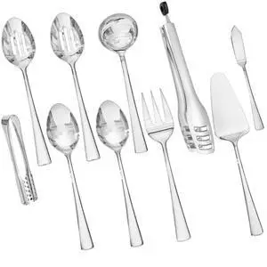 KINGSTONE 10 Piece 18/10 Serving Utensils Set, Stainless Steel Serving Set | Slotted Spoon, Fork, Tong, Soup Ladle, Cake Server, Butter Knife and Ice Tong for Buffet, Parties, Kitchen,Entertaining KINGSTONE 10 Piece 18/10 Serving Utensils Set, Stainless Steel Serving Set | Slotted Spoon, Fork, Tong, Soup Ladle, Cake Server, Butter Knife and Ice Tong for Buffet, Parties, Kitchen,Entertaining