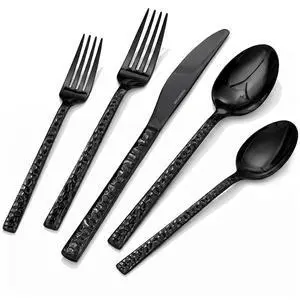 60Piece Black Silverware Set,18/10 Stainless Steel Hammered Flatware for 12 | KINGSTONE Flatware set Includes Fork Spoon Knives, Cutlery Utensil Set for Party,Wedding, Mirror Polished Dishwasher Safe 60Piece Black Silverware Set,18/10 Stainless Steel Hammered Flatware for 12 | KINGSTONE Flatware set Includes Fork Spoon Knives, Cutlery Utensil Set for Party,Wedding, Mirror Polished Dishwasher Safe