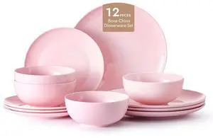 KINGSTONE 12-Piece Bone China Dinnerware Set for 4, Sakura Pink | Lightweight Porcelain | Round Plates & Bowls | Scratch Resistant | Durable Ceramic | Microwave & Dishwasher Safe KINGSTONE 12-Piece Bone China Dinnerware Set for 4, Sakura Pink | Lightweight Porcelain | Round Plates & Bowls | Scratch Resistant | Durable Ceramic | Microwave & Dishwasher Safe