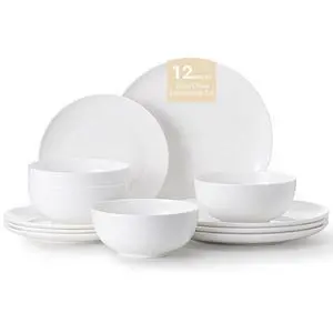 KINGSTONE Bone China Dinnerware Set for 4, 12-Piece Plates and Bowls Set | Lightweight Porcelain Dish Set, Scratch Resistant, Oven & Microwave & Dishwasher Safe, Ivory White KINGSTONE Bone China Dinnerware Set for 4, 12-Piece Plates and Bowls Set | Lightweight Porcelain Dish Set, Scratch Resistant, Oven & Microwave & Dishwasher Safe, Ivory White