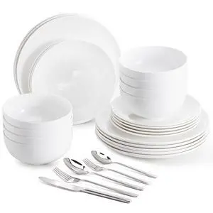 KINGSTONE 24pc Bone China Dinnerware Set with 40pc Flatware, White, for 8 | Lightweight, Durable & Scratch Resistant Porcelain | Microwave/Dishwasher Safe Cutlery Included | For Dining & Gifting KINGSTONE 24pc Bone China Dinnerware Set with 40pc Flatware, White, for 8 | Lightweight, Durable & Scratch Resistant Porcelain | Microwave/Dishwasher Safe Cutlery Included | For Dining & Gifting
