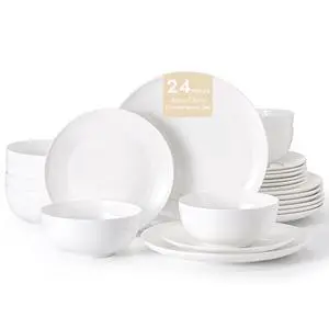 KINGSTONE Bone China Dinnerware Set for 8, 24-Piece Plates and Bowls Set | Lightweight Porcelain Dish Set, Scratch Resistant, Oven & Microwave & Dishwasher Safe, Ivory White KINGSTONE Bone China Dinnerware Set for 8, 24-Piece Plates and Bowls Set | Lightweight Porcelain Dish Set, Scratch Resistant, Oven & Microwave & Dishwasher Safe, Ivory White