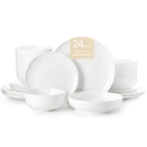 KINGSTONE Bone China Dinnerware Set for 6, 24-Piece Plates and Bowls Set | Lightweight Porcelain Dish Set, Scratch Resistant, Durable Ceramic, Oven & Microwave & Dishwasher Safe, Ivory White KINGSTONE Bone China Dinnerware Set for 6, 24-Piece Plates and Bowls Set | Lightweight Porcelain Dish Set, Scratch Resistant, Durable Ceramic, Oven & Microwave & Dishwasher Safe, Ivory White