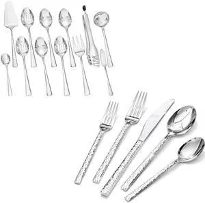 KINGSTONE 60 Piece Hammered Silverware Set and 12 Piece Serving Utensils Set KINGSTONE 60 Piece Hammered Silverware Set and 12 Piece Serving Utensils Set