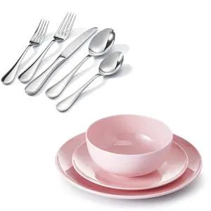 KINGSTONE 20 Piece Teardrop Silverware Set and Pink Bone China Dinnerware Sets, 12-Piece Dinnerware Set for 4 KINGSTONE 20 Piece Teardrop Silverware Set and Pink Bone China Dinnerware Sets, 12-Piece Dinnerware Set for 4