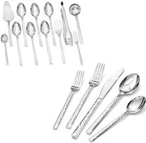 KINGSTONE 60 Piece Hammered Silverware Set and 12 Piece Serving Utensils Set KINGSTONE 60 Piece Hammered Silverware Set and 12 Piece Serving Utensils Set