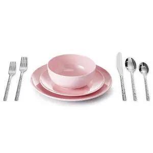 KINGSTONE 20 Piece Hammered Silverware Set and Bone China Dinnerware Sets, 12-Piece Dinnerware Sets for 4 KINGSTONE 20 Piece Hammered Silverware Set and Bone China Dinnerware Sets, 12-Piece Dinnerware Sets for 4