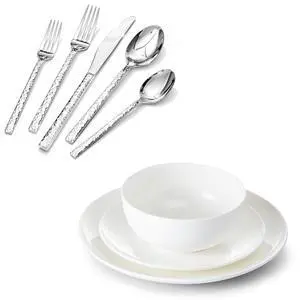 KINGSTONE 20 Piece Hammered Silverware Set and Bone China Dinnerware Sets, 12-Piece Dinnerware Set for 4 KINGSTONE 20 Piece Hammered Silverware Set and Bone China Dinnerware Sets, 12-Piece Dinnerware Set for 4