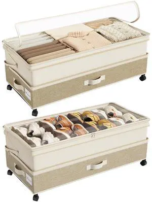 Kitstorack 2Pack Height-adjustable Under Bed Storage with Wheels, Under Bed Storage Containers,Under Bed Shoe Storage Organizer with Clear Window&Label, Suitable for Clothes Storage, Beige & Linen Kitstorack 2Pack Height-adjustable Under Bed Storage with Wheels, Under Bed Storage Containers,Under Bed Shoe Storage Organizer with Clear Window&Label, Suitable for Clothes Storage, Beige & Linen