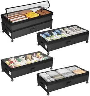 Kitstorack 4 Pack Height-adjustable Under Bed Storage with Wheels, Under Bed Storage Containers,Under Bed Shoe Storage Organizer with Clear Window&Label, Suitable for Clothes Storage, Black Kitstorack 4 Pack Height-adjustable Under Bed Storage with Wheels, Under Bed Storage Containers,Under Bed Shoe Storage Organizer with Clear Window&Label, Suitable for Clothes Storage, Black