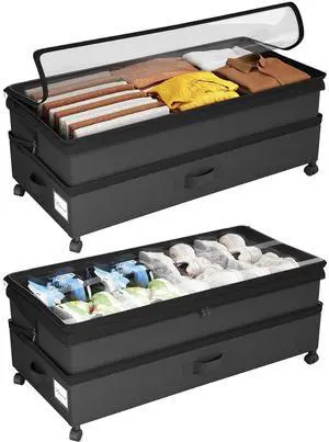 Kitstorack 2Pack Height-adjustable Under Bed Storage with Wheels, Under Bed Storage Containers,Under Bed Shoe Storage Organizer with Clear Window&Label, Suitable for Clothes Storage, Black Kitstorack 2Pack Height-adjustable Under Bed Storage with Wheels, Under Bed Storage Containers,Under Bed Shoe Storage Organizer with Clear Window&Label, Suitable for Clothes Storage, Black