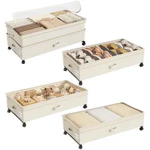 Kitstorack 4 Pack Height-adjustable Under Bed Storage with Wheels, Under Bed Storage Containers,Under Bed Shoe Storage Organizer with Clear Window&Label, Suitable for Clothes Storage, Beige Kitstorack 4 Pack Height-adjustable Under Bed Storage with Wheels, Under Bed Storage Containers,Under Bed Shoe Storage Organizer with Clear Window&Label, Suitable for Clothes Storage, Beige