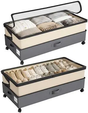 Kitstorack 2Pack Height-adjustable Under Bed Storage with Wheels, Under Bed Storage Containers,Under Bed Shoe Storage Organizer with Clear Window&Label, Suitable for Clothes Storage, Beige & Gray Kitstorack 2Pack Height-adjustable Under Bed Storage with Wheels, Under Bed Storage Containers,Under Bed Shoe Storage Organizer with Clear Window&Label, Suitable for Clothes Storage, Beige & Gray