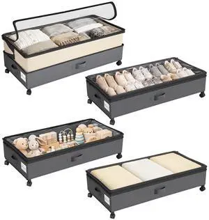 Kitstorack 4 Pack Height-adjustable Under Bed Storage with Wheels, Under Bed Storage Containers,Under Bed Shoe Storage Organizer with Clear Window&Label, Suitable for Clothes Storage, Beige & Gray Kitstorack 4 Pack Height-adjustable Under Bed Storage with Wheels, Under Bed Storage Containers,Under Bed Shoe Storage Organizer with Clear Window&Label, Suitable for Clothes Storage, Beige & Gray