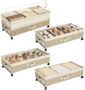 Kitstorack 4 Pack Height-adjustable Under Bed Storage with Wheels, Under Bed Storage Containers,Under Bed Shoe Storage Organizer with Clear Window&Label, Suitable for Clothes Storage, Beige & Linen Kitstorack 4 Pack Height-adjustable Under Bed Storage with Wheels, Under Bed Storage Containers,Under Bed Shoe Storage Organizer with Clear Window&Label, Suitable for Clothes Storage, Beige & Linen