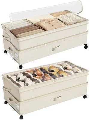 Kitstorack 2Pack Height-adjustable Under Bed Storage with Wheels, Under Bed Storage Containers,Under Bed Shoe Storage Organizer with Clear Window&Label, Suitable for Clothes Storage, Beige Kitstorack 2Pack Height-adjustable Under Bed Storage with Wheels, Under Bed Storage Containers,Under Bed Shoe Storage Organizer with Clear Window&Label, Suitable for Clothes Storage, Beige