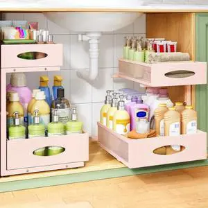Under Sink Organizer, 2-Pack Pull Out Cabinet Organizer 2 Tier Metal Slide Out Storage Shelf Rack, L-Shaped Adjustable Height,Mesh Sliding Drawer for Kitchen, Bathroom, Laundry, Pantry, Pink, XL Under Sink Organizer, 2-Pack Pull Out Cabinet Organizer 2 Tier Metal Slide Out Storage Shelf Rack, L-Shaped Adjustable Height,Mesh Sliding Drawer for Kitchen, Bathroom, Laundry, Pantry, Pink, XL