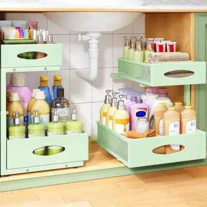 Under Sink Organizer, 2-Pack Pull Out Cabinet Organizer 2 Tier Metal Slide Out Storage Shelf Rack, L-Shaped Adjustable Height,Mesh Sliding Drawer for Kitchen, Bathroom, Laundry, Pantry, Green, XL Under Sink Organizer, 2-Pack Pull Out Cabinet Organizer 2 Tier Metal Slide Out Storage Shelf Rack, L-Shaped Adjustable Height,Mesh Sliding Drawer for Kitchen, Bathroom, Laundry, Pantry, Green, XL