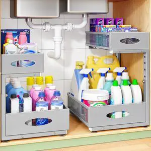Under Sink Organizer, 1-Pack Pull Out Cabinet Organizer 2 Tier Metal Slide Out Storage Shelf Rack, L-Shaped Adjustable Height,Mesh Sliding Drawer for Kitchen, Bathroom, Laundry, Pantry, Grey, XL Under Sink Organizer, 1-Pack Pull Out Cabinet Organizer 2 Tier Metal Slide Out Storage Shelf Rack, L-Shaped Adjustable Height,Mesh Sliding Drawer for Kitchen, Bathroom, Laundry, Pantry, Grey, XL