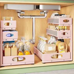 Kitstorack Under Sink Organizer 3-Tier Slide Out Drawer 2-Pack Pink | Height Adjustable, Metal Mesh Storage Rack, Pull out Cabinet Organizer Shelf for Bathroom Kitchen Pantry Home Organization Kitstorack Under Sink Organizer 3-Tier Slide Out Drawer 2-Pack Pink | Height Adjustable, Metal Mesh Storage Rack, Pull out Cabinet Organizer Shelf for Bathroom Kitchen Pantry Home Organization