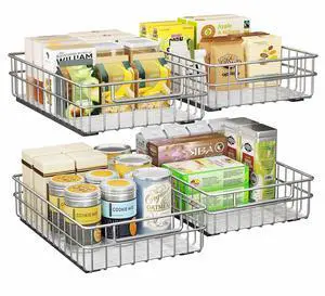 Pull out Cabinet Organizer, Stainless Steel 4-Pack (9.8"W x 16.5"D) Full-Extension Slide out Drawer, Adhesive Roll out Can Spice Storage Basket Shelf Rack for Pantry, Kitchen, Bathroom, Home Closet Pull out Cabinet Organizer, Stainless Steel 4-Pack (9.8"W x 16.5"D) Full-Extension Slide out Drawer, Adhesive Roll out Can Spice Storage Basket Shelf Rack for Pantry, Kitchen, Bathroom, Home Closet