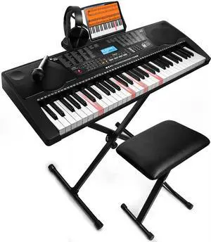 JIKADA 61 Key Portable Electronic Keyboard Piano,3 Teaching Modes | Electric Keyboard Piano Set w/Lighted Keys, Stand, Stool,LCD Screen, Built-In Speakers, Headphones, Microphone, Note Stickers JIKADA 61 Key Portable Electronic Keyboard Piano,3 Teaching Modes | Electric Keyboard Piano Set w/Lighted Keys, Stand, Stool,LCD Screen, Built-In Speakers, Headphones, Microphone, Note Stickers