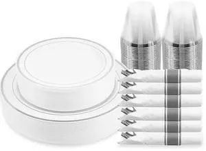 M MCIRCO 175 Piece Silver Dinnerware Set,25 Silver Rim Plastic Plates, 25 Cups,25 Pre Rolled Napkins with Plastic Silverware, Disposable Dinnerware Set for 25 Guest M MCIRCO 175 Piece Silver Dinnerware Set,25 Silver Rim Plastic Plates, 25 Cups,25 Pre Rolled Napkins with Plastic Silverware, Disposable Dinnerware Set for 25 Guest