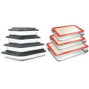 MCIRCO 8 Pcs Glass Baking Dish Set with Lids, 9 Pcs Stainless Steel Baking Sheet Tray Cooling Rack with Silicone Baking Mat Set, For Cooking, Baking MCIRCO 8 Pcs Glass Baking Dish Set with Lids, 9 Pcs Stainless Steel Baking Sheet Tray Cooling Rack with Silicone Baking Mat Set, For Cooking, Baking