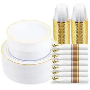 M MCIRCO 350 Piece Gold Dinnerware Set,100 Plastic Plates, 50 Cups,50 Pre Rolled Napkins with Plastic Silverware, Disposable Gold Dinnerware Set for 50 Guest M MCIRCO 350 Piece Gold Dinnerware Set,100 Plastic Plates, 50 Cups,50 Pre Rolled Napkins with Plastic Silverware, Disposable Gold Dinnerware Set for 50 Guest