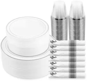 M MCIRCO 350 Piece Dinnerware Set,100 Silver Rim Plastic Plates, 50 Cups,50 Pre Rolled Napkins with Plastic Silverware, Disposable Dinnerware Set for 50 Guest, Silver M MCIRCO 350 Piece Dinnerware Set,100 Silver Rim Plastic Plates, 50 Cups,50 Pre Rolled Napkins with Plastic Silverware, Disposable Dinnerware Set for 50 Guest, Silver