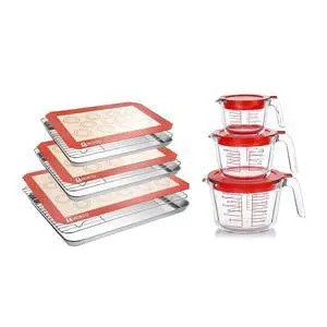 9 Pcs Stainless Steel Baking Sheet Tray Cooling Rack with Silicone Baking Mat Set, and 6 Pcs Glass Measuring Cups with Lids Set, for baking, Kitchen 9 Pcs Stainless Steel Baking Sheet Tray Cooling Rack with Silicone Baking Mat Set, and 6 Pcs Glass Measuring Cups with Lids Set, for baking, Kitchen
