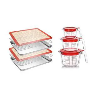 6 Pcs Stainless Steel Baking Sheet Tray Cooling Rack with Silicone Baking Mat Set, and 6 Pcs Glass Measuring Cups with Lids Set, for baking, Kitchen 6 Pcs Stainless Steel Baking Sheet Tray Cooling Rack with Silicone Baking Mat Set, and 6 Pcs Glass Measuring Cups with Lids Set, for baking, Kitchen