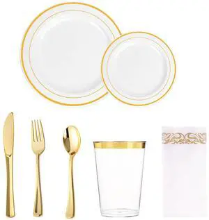 7 Piece MCIRCO Gold Dinnerware Set - 2 Gold Rim Plastic Plates - 3 Gold Plastic Silverware - 1 Gold Plastic Cups - 1 Gold Paper Napkins, 1 Guest Disposable Gold Dinnerware Set 7 Piece MCIRCO Gold Dinnerware Set - 2 Gold Rim Plastic Plates - 3 Gold Plastic Silverware - 1 Gold Plastic Cups - 1 Gold Paper Napkins, 1 Guest Disposable Gold Dinnerware Set