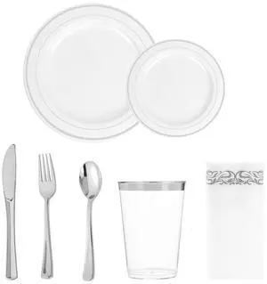 7 Piece MCIRCO Silver Dinnerware Set - 2 Silver Rim Plastic Plates - 3 Silver Plastic Silverware - 1 Silver Plastic Cups - 1 Silver Paper Napkins, 1 Guest Disposable Silver Dinnerware Set 7 Piece MCIRCO Silver Dinnerware Set - 2 Silver Rim Plastic Plates - 3 Silver Plastic Silverware - 1 Silver Plastic Cups - 1 Silver Paper Napkins, 1 Guest Disposable Silver Dinnerware Set