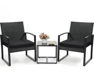 Murago Outdoor 3-Piece Wicker Bistro Set, Patio Conversation Set | 2 chairs with Coffee Table, for Balcony, Porch, Garden, Yard, Poolside, Black Frame & Black Cushion Murago Outdoor 3-Piece Wicker Bistro Set, Patio Conversation Set | 2 chairs with Coffee Table, for Balcony, Porch, Garden, Yard, Poolside, Black Frame & Black Cushion