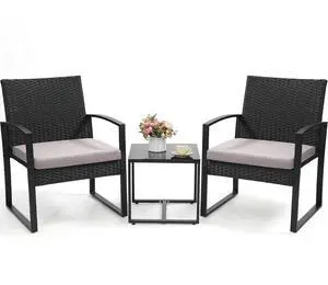 Murago 3-Piece Wicker Patio Bistro Set, Patio Conversation Set | 2 chairs with Coffee Table, for Balcony, Porch, Garden, Yard, Poolside, Black Frame with Grey Cushion Murago 3-Piece Wicker Patio Bistro Set, Patio Conversation Set | 2 chairs with Coffee Table, for Balcony, Porch, Garden, Yard, Poolside, Black Frame with Grey Cushion