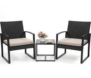 Murago 3-Piece Wicker Patio Bistro Set, Patio Conversation Set | 2 chairs with Coffee Table, for Balcony, Porch, Garden, Yard, Poolside, Black Frame with Beige Cushion Murago 3-Piece Wicker Patio Bistro Set, Patio Conversation Set | 2 chairs with Coffee Table, for Balcony, Porch, Garden, Yard, Poolside, Black Frame with Beige Cushion