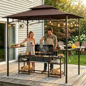 Murago 8x5 Grill Gazebo, BBQ Gazebo Canopy for Outdoor Grill, Brown | All Weather BBQ Canopy with 2 Shelves and Utensil Organizer, Steel Frame with Bottle Opener for Patio, Backyard, Grilling Murago 8x5 Grill Gazebo, BBQ Gazebo Canopy for Outdoor Grill, Brown | All Weather BBQ Canopy with 2 Shelves and Utensil Organizer, Steel Frame with Bottle Opener for Patio, Backyard, Grilling