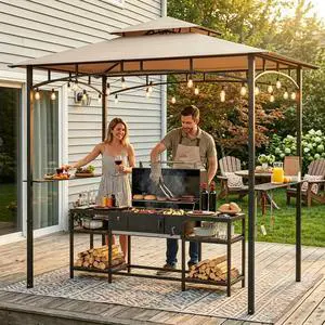 Murago 8x5 Grill Gazebo, BBQ Gazebo Canopy for Outdoor Grill, Khaki | All Weather BBQ Canopy with 2 Shelves and Utensil Organizer, Steel Frame with Bottle Opener for Patio, Backyard, Grilling Murago 8x5 Grill Gazebo, BBQ Gazebo Canopy for Outdoor Grill, Khaki | All Weather BBQ Canopy with 2 Shelves and Utensil Organizer, Steel Frame with Bottle Opener for Patio, Backyard, Grilling